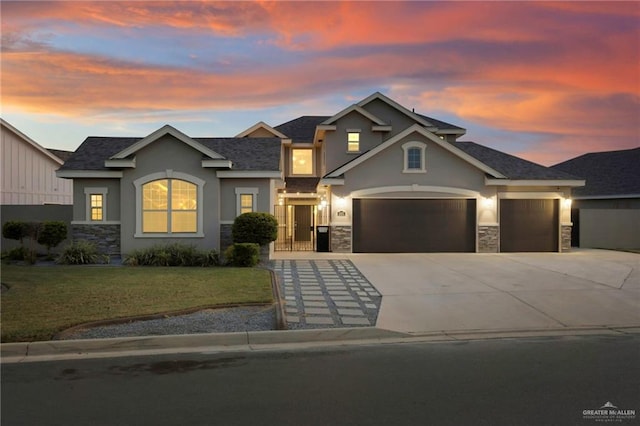 craftsman-style home featuring stone siding, a lawn, and stucco siding