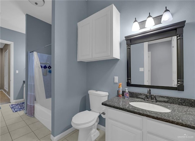 full bathroom with tile patterned flooring, vanity, toilet, and shower / tub combo with curtain