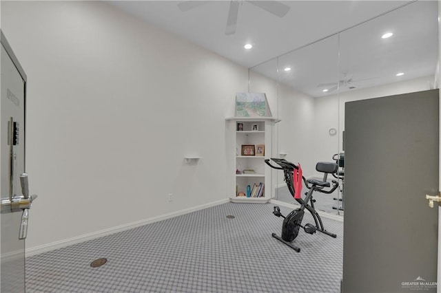 exercise room featuring carpet flooring and ceiling fan