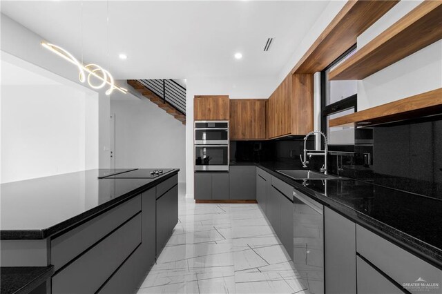 2228 S 45th St, Mcallen, TX 78503 - kitchen with a sink, stainless steel appliances, open shelves, dark countertops, and light marble finish flooring