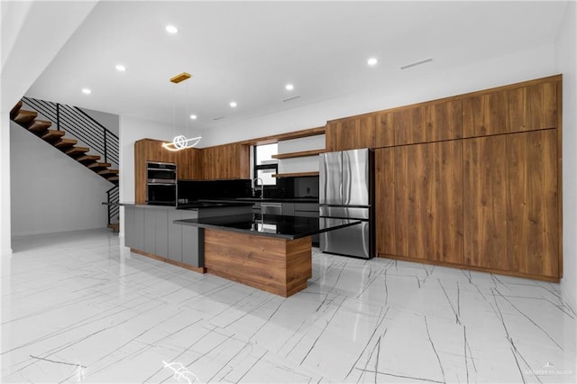 2228 S 45th St, Mcallen, TX 78503 - kitchen with appliances with stainless steel finishes, light marble finish flooring, open shelves, dark countertops, and recessed lighting