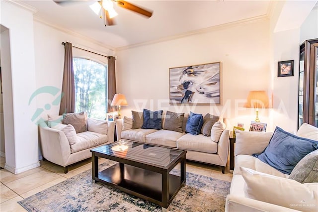 tiled living room with ceiling fan and ornamental molding