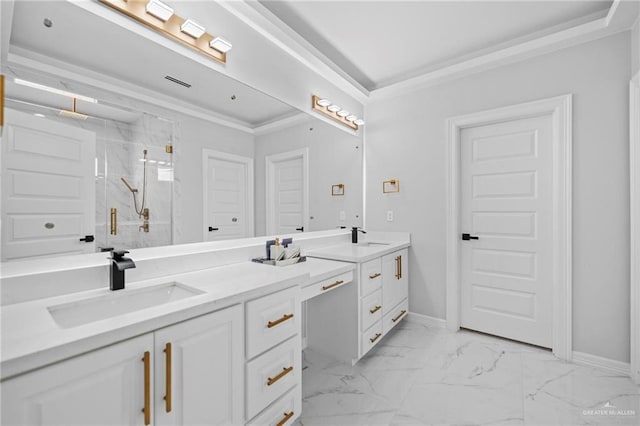 bathroom with crown molding, vanity, and a shower with door