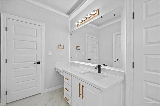 bathroom with vanity and crown molding