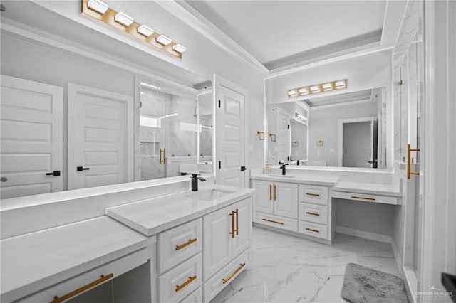 bathroom featuring crown molding, vanity, and a shower with door