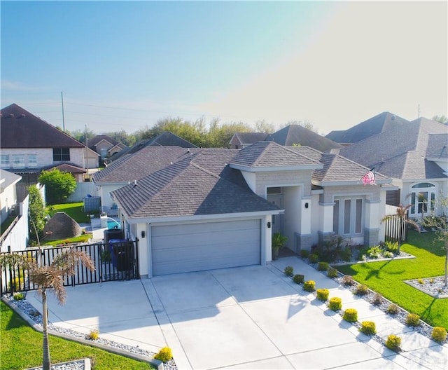 view of front of property with an attached garage, fence, driveway, a residential view, and a front yard