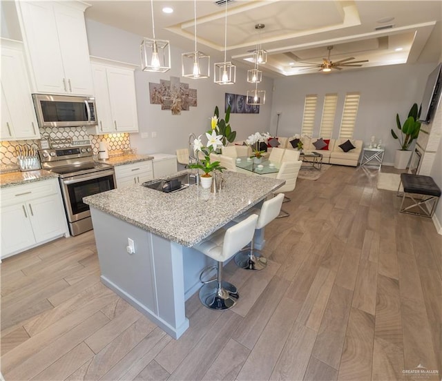 kitchen featuring stainless steel appliances, a raised ceiling, white cabinets, and light wood finished floors