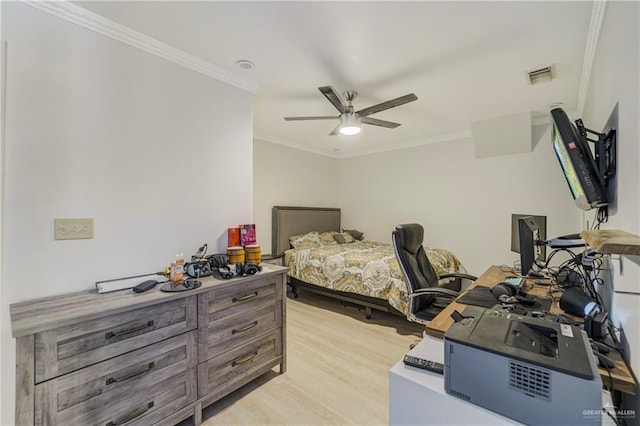 228 Oak Ridge Dr, Rio Grande City, TX 78582 - bedroom featuring light wood-type flooring, ornamental molding, and ceiling fan