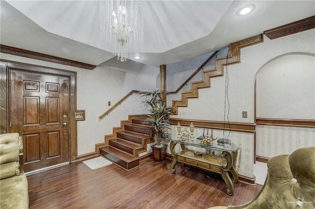 228 Oak Ridge Dr, Rio Grande City, TX 78582 - entryway featuring stairway, wood finished floors, a chandelier, baseboards, and recessed lighting