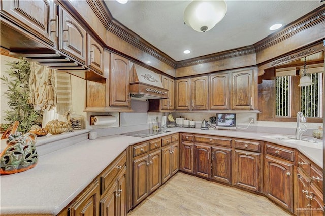 228 Oak Ridge Dr, Rio Grande City, TX 78582 - kitchen with custom exhaust hood, black electric cooktop, a sink, light countertops, and ornamental molding