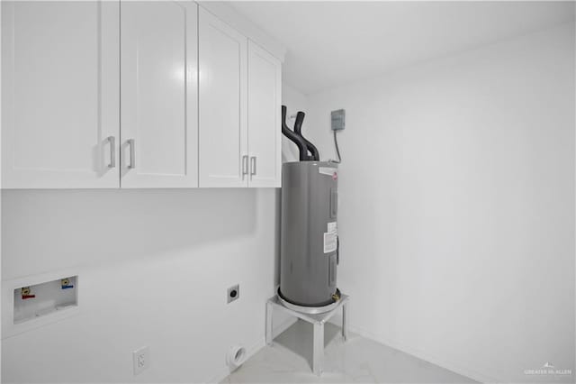 132 E Irvine Ave, Alamo, TX 78516 - washroom with washer hookup, electric dryer hookup, electric water heater, cabinet space, and marble finish floor