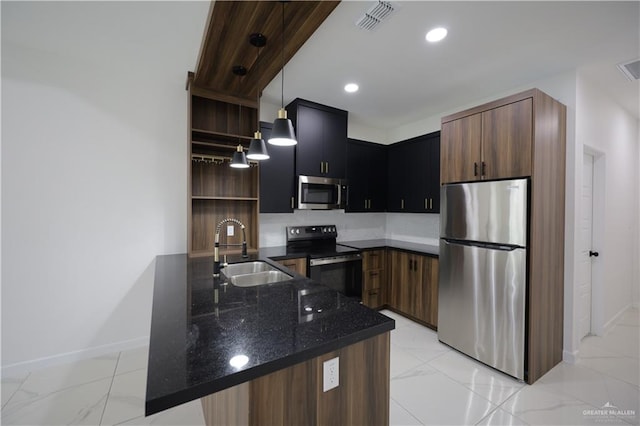 kitchen with visible vents, dark stone counters, appliances with stainless steel finishes, open shelves, and a sink