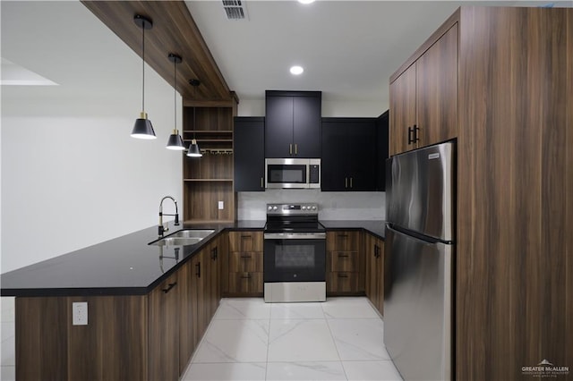 kitchen featuring a peninsula, visible vents, appliances with stainless steel finishes, open shelves, and dark countertops