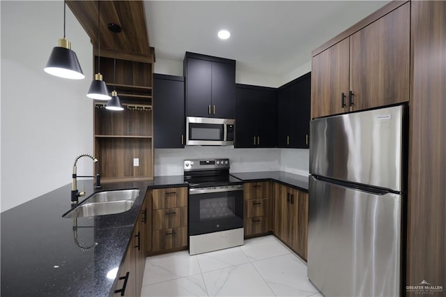 kitchen with stainless steel appliances, a sink, open shelves, dark stone countertops, and pendant lighting