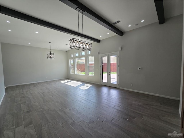 interior space with beamed ceiling, french doors, dark hardwood / wood-style flooring, and a notable chandelier