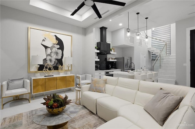 living room featuring ceiling fan