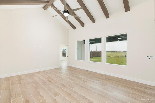 1027 Broken Arrow Dr, Alamo, TX 78516 - empty room featuring beamed ceiling, ceiling fan, light wood finished floors, high vaulted ceiling, and baseboards