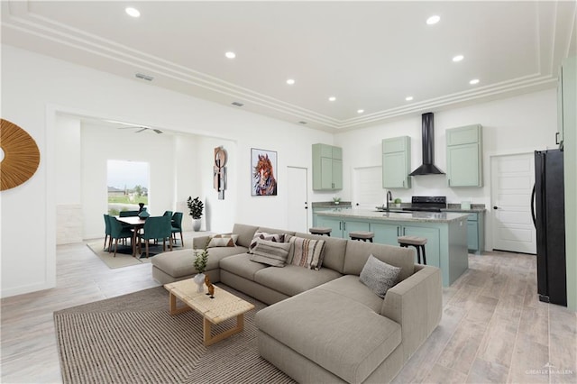 living room with light hardwood / wood-style flooring and sink