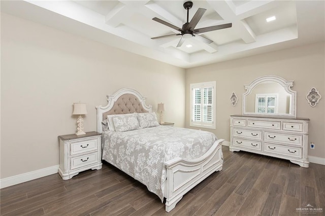 bedroom with beamed ceiling, ceiling fan, dark wood-type flooring, and coffered ceiling