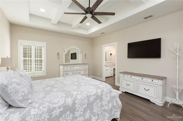 bedroom featuring coffered ceiling, ensuite bath, ceiling fan, beam ceiling, and dark hardwood / wood-style flooring