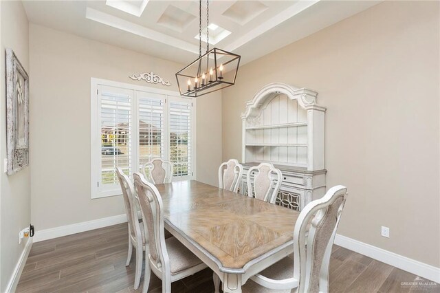 dining room featuring beam ceiling, dark hardwood / wood-style floors, coffered ceiling, and a notable chandelier