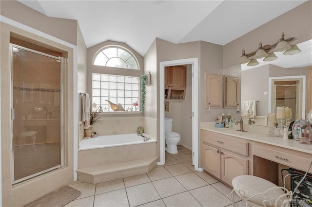 3704 San Gerardo St, Mission, TX 78572 - full bath featuring a stall shower, a bath, lofted ceiling, and toilet