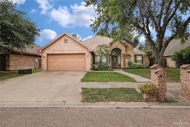 3704 San Gerardo St, Mission, TX 78572 - view of front of property with an attached garage, a front lawn, driveway, and brick siding