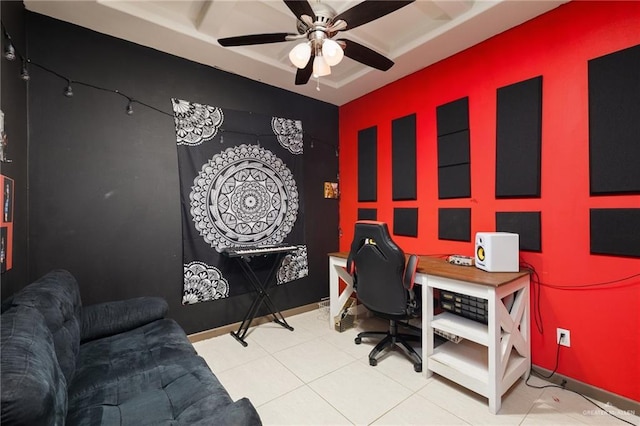 office area with ceiling fan and light tile patterned floors