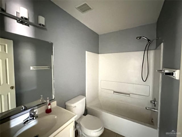 full bathroom with vanity, toilet, tub / shower combination, and visible vents