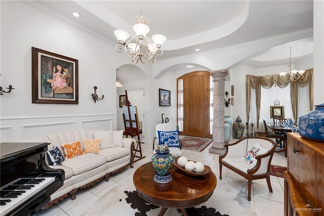 5512 Autumn Mist Ln, Brownsville, TX 78526 - living area featuring a chandelier, arched walkways, ornate columns, light tile patterned floors, and recessed lighting