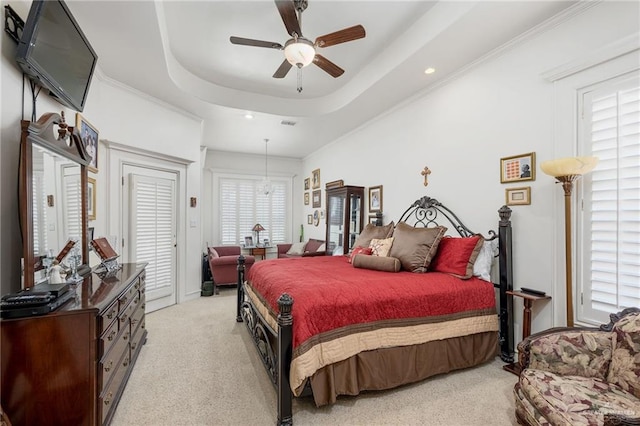 5512 Autumn Mist Ln, Brownsville, TX 78526 - bedroom featuring light carpet, recessed lighting, access to exterior, ceiling fan, and a raised ceiling