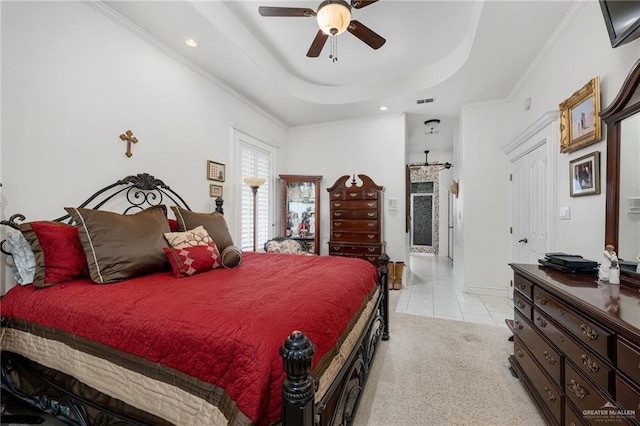 5512 Autumn Mist Ln, Brownsville, TX 78526 - bedroom with light tile patterned floors, recessed lighting, a ceiling fan, light colored carpet, and a raised ceiling