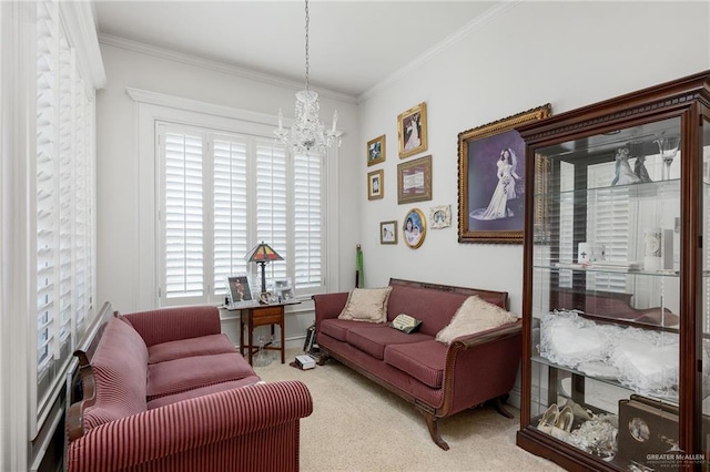 5512 Autumn Mist Ln, Brownsville, TX 78526 - living room featuring a chandelier, healthy amount of natural light, carpet flooring, and crown molding