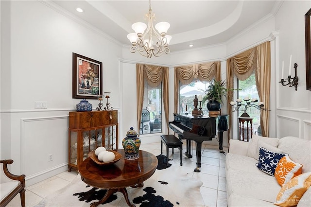5512 Autumn Mist Ln, Brownsville, TX 78526 - living area featuring a chandelier, ornamental molding, light tile patterned floors, and recessed lighting