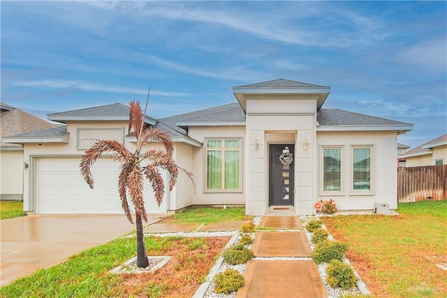 prairie-style home featuring driveway, an attached garage, fence, and stucco siding