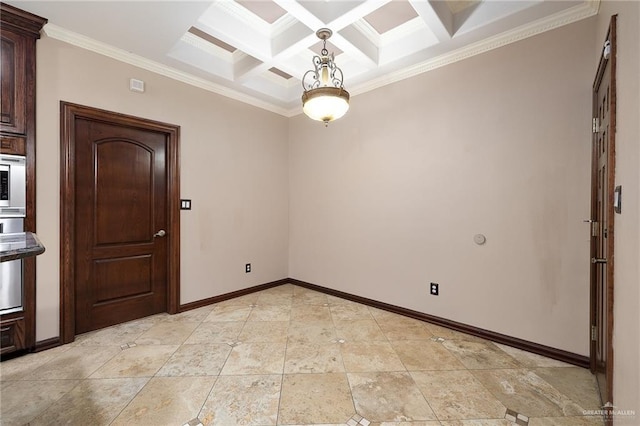 empty room featuring ornamental molding, coffered ceiling, and beam ceiling