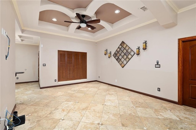 spare room featuring coffered ceiling, beam ceiling, ornamental molding, and ceiling fan