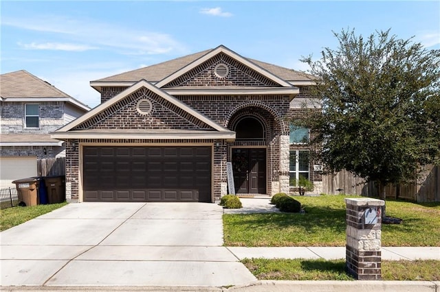 view of front of home featuring fence, concrete driveway, a front yard, an attached garage, and brick siding