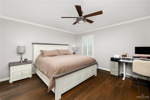 bedroom with baseboards, dark wood-style flooring, and ornamental molding