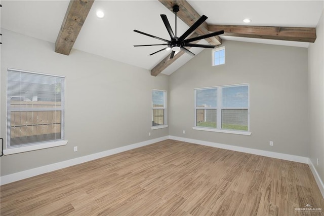 3404 Saint Honore Dr, Mcallen, TX 78504 - spare room featuring a ceiling fan, baseboards, light wood-style floors, vaulted ceiling with beams, and recessed lighting