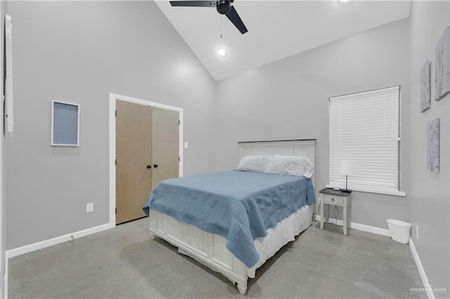 bedroom featuring ceiling fan and high vaulted ceiling