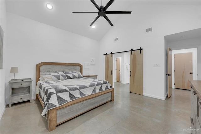 bedroom featuring a barn door, high vaulted ceiling, and ceiling fan