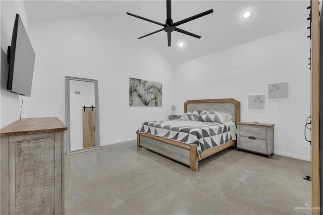 bedroom with ceiling fan and high vaulted ceiling