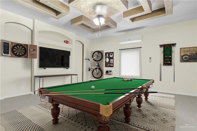 rec room with light tile patterned floors, pool table, and a wall mounted AC