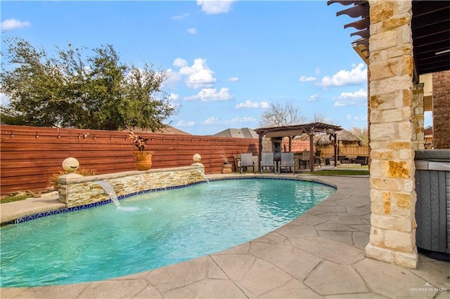 view of pool featuring a patio, pool water feature, and a pergola