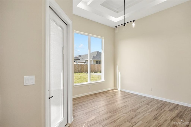 unfurnished dining area with a raised ceiling and light hardwood / wood-style flooring