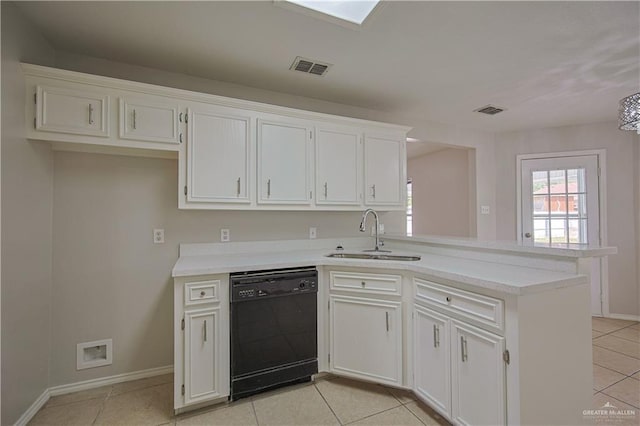 kitchen with black dishwasher, sink, kitchen peninsula, and white cabinets