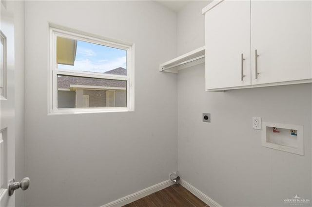 1421 Franklin Ave, Alton, TX 78573 - laundry area featuring electric dryer hookup, dark wood finished floors, cabinet space, baseboards, and hookup for a washing machine