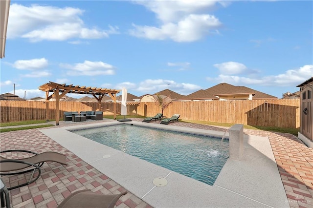 view of swimming pool featuring a pergola, an outdoor living space, a patio area, a fenced backyard, and a fenced in pool