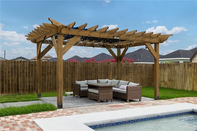 5904 N Dodger St, Pharr, TX 78577 - view of patio / terrace featuring an outdoor living space, a fenced backyard, and a pergola